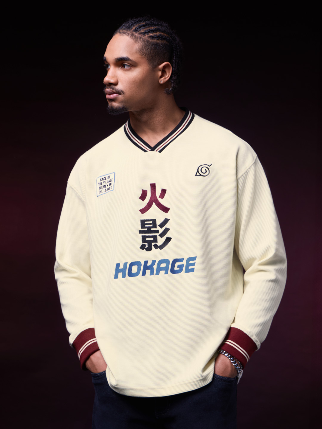 Men Naruto Hokage Embroidered V-Neck Oversized Fit Long Sleeve T-Shirt