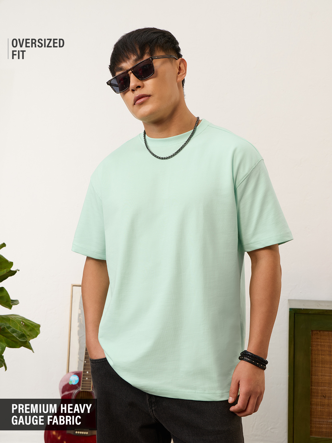 Men Oversized Mint Green Cotton Round Neck T-Shirt