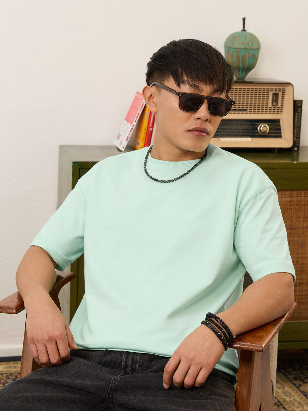 Men Oversized Mint Green Cotton Round Neck T-Shirt