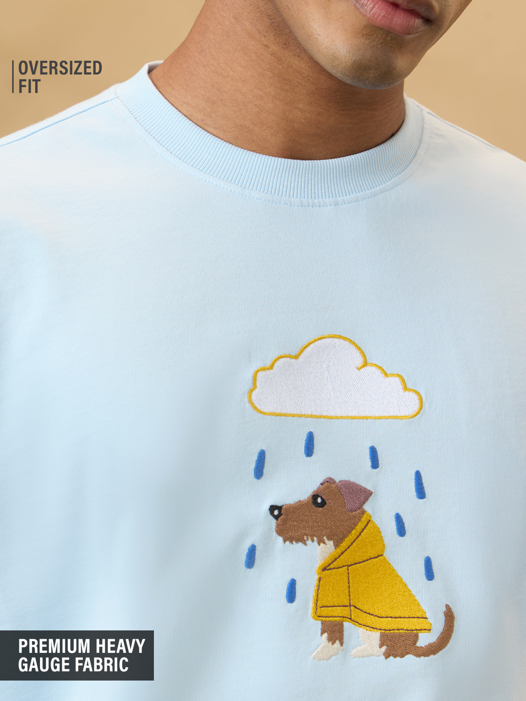 Blue Embroidered Rainy Dog Oversized Round Neck T-Shirt
