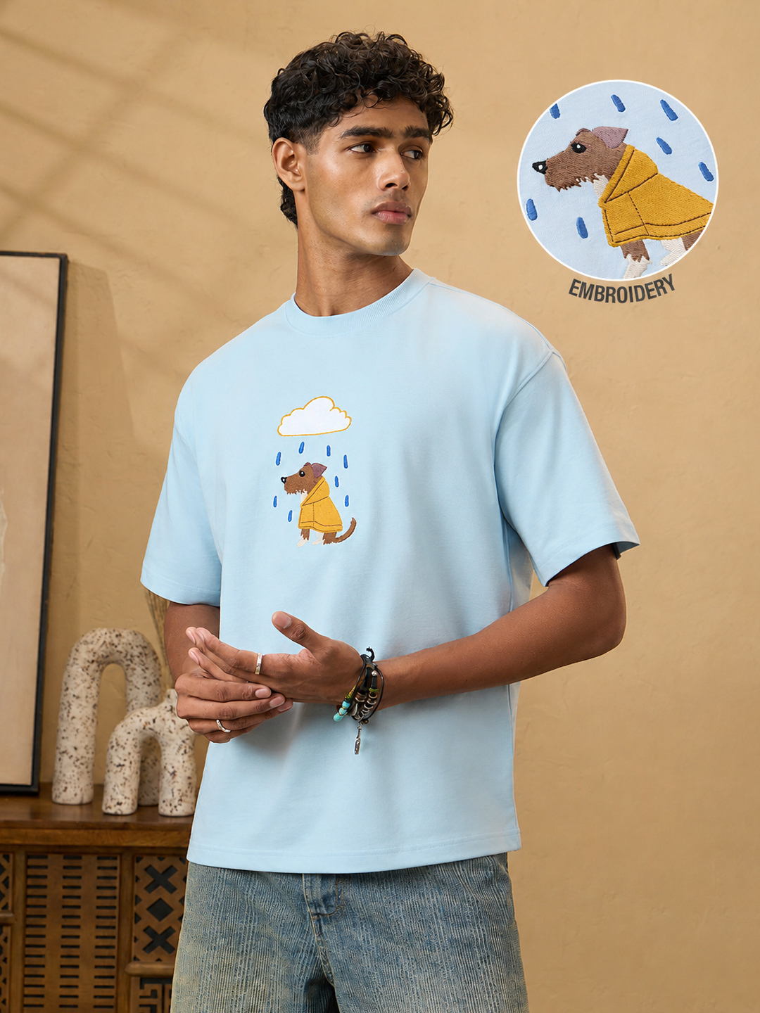 Blue Embroidered Rainy Dog Oversized Round Neck T-Shirt
