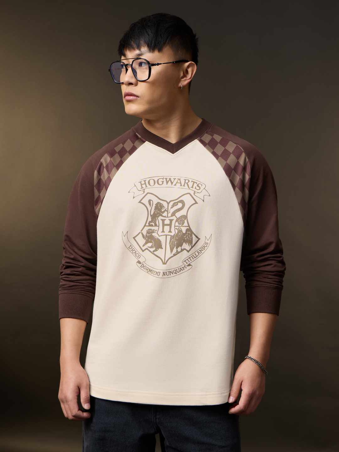 Men Harry Potter Hogwarts Graphic V-Neck Long Sleeve T-Shirt