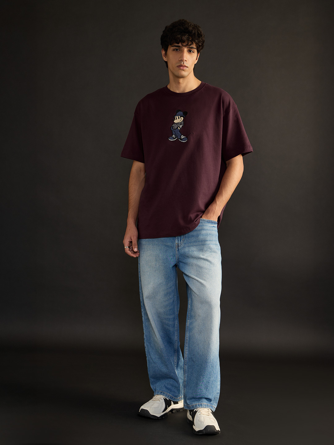 Men Burgundy Embroidered Mickey Mouse Oversized T-Shirt