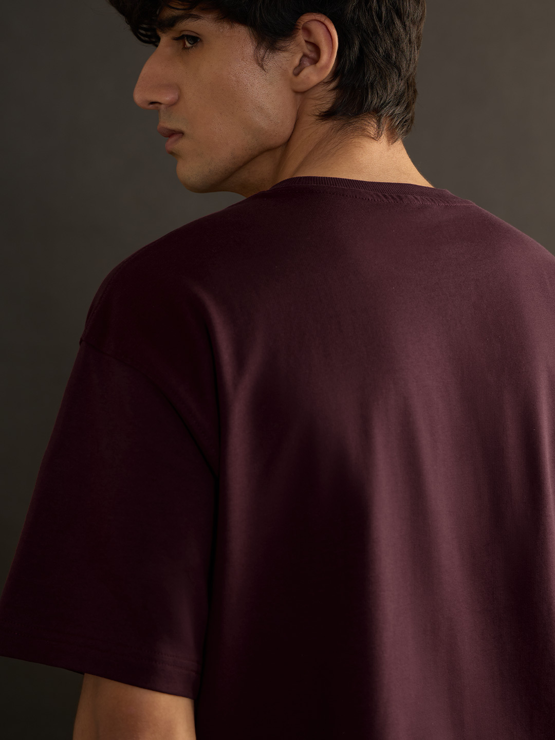 Men Burgundy Embroidered Mickey Mouse Oversized T-Shirt
