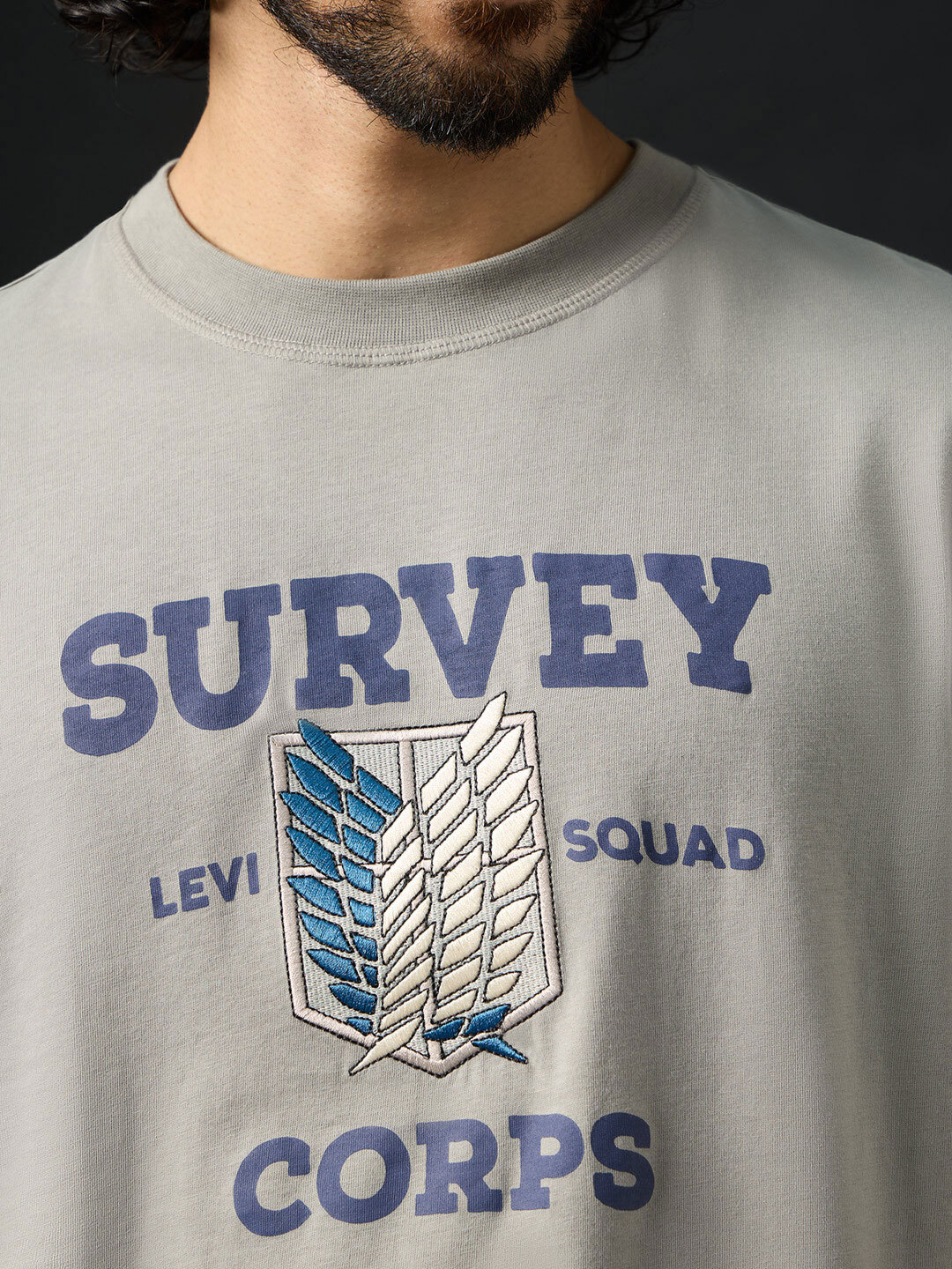 Men Grey Attack on Titan Survey Corps Graphic Round Neck T-Shirt