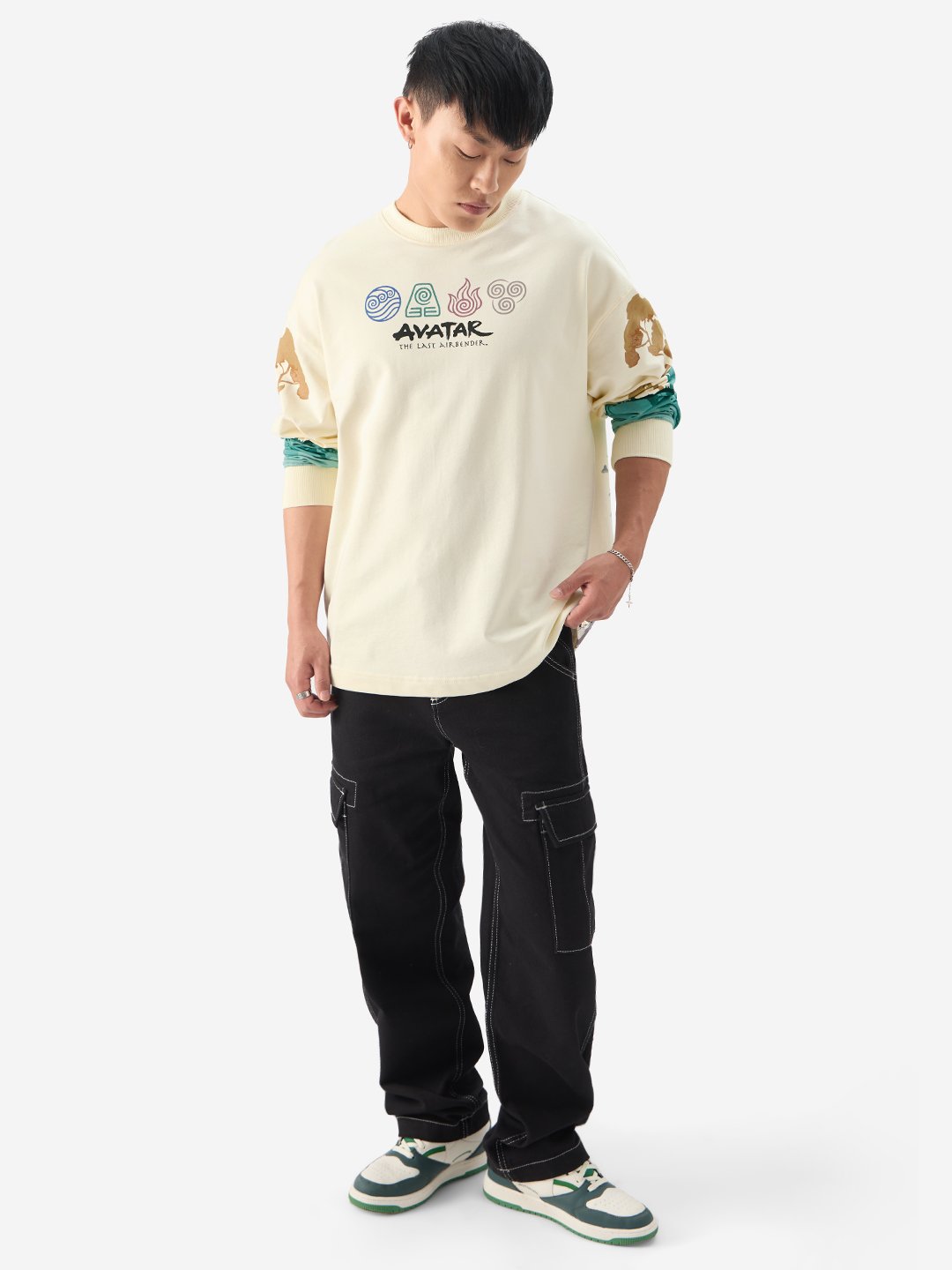Beige Avatar Print Long Sleeves Oversized T-Shirt