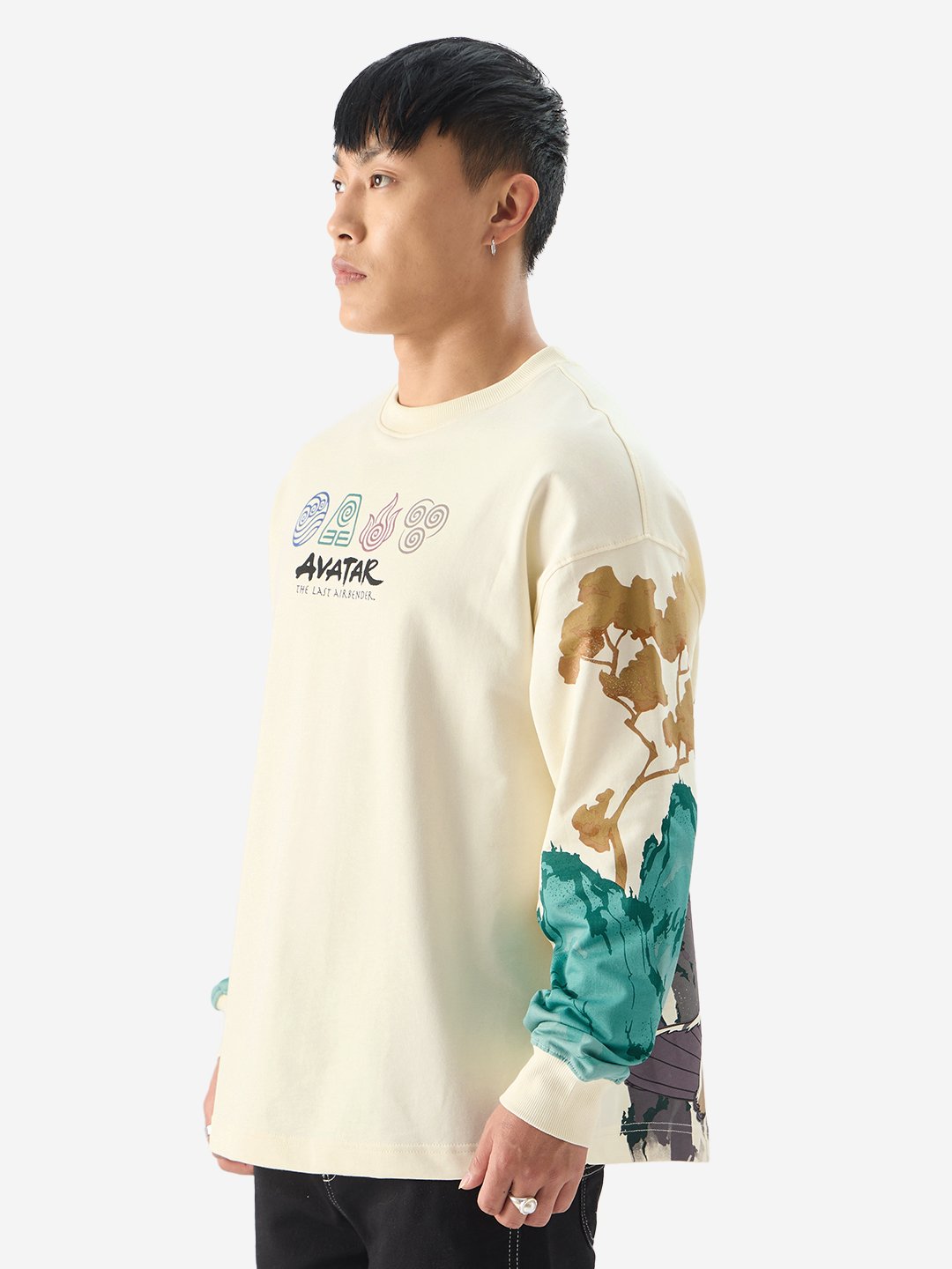 Beige Avatar Print Long Sleeves Oversized T-Shirt