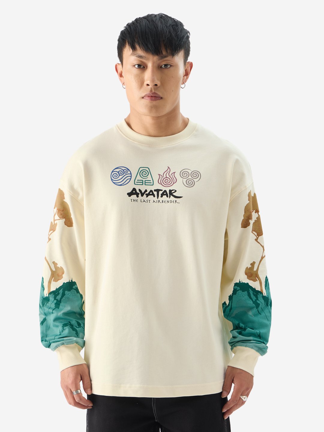 Beige Avatar Print Long Sleeves Oversized T-Shirt