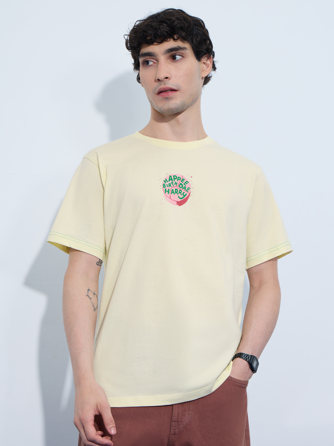 Men Yellow Harry Potter Birthday Cake Graphic Round Neck T-Shirt