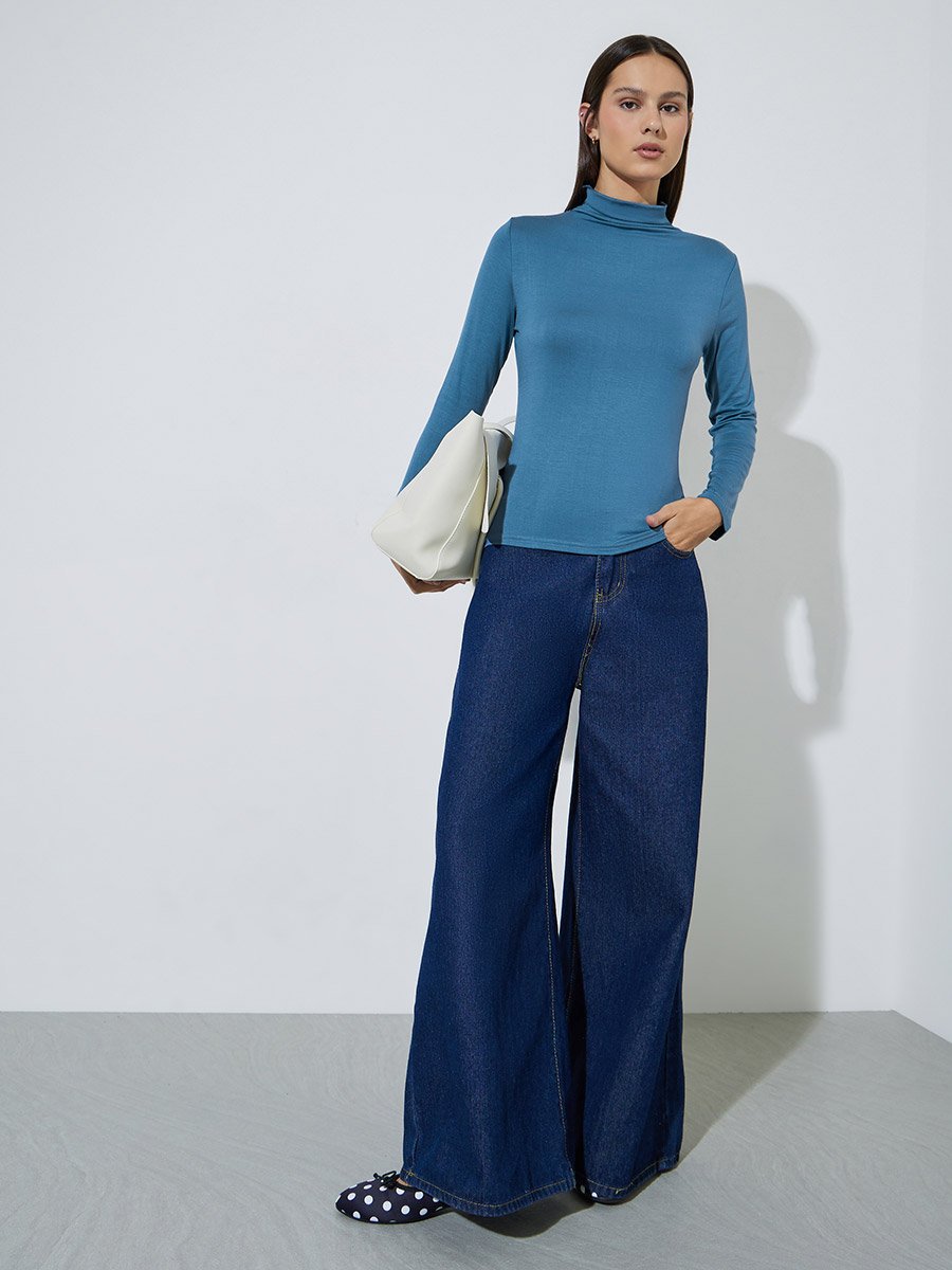 Blue Solid High Neck Knit Top