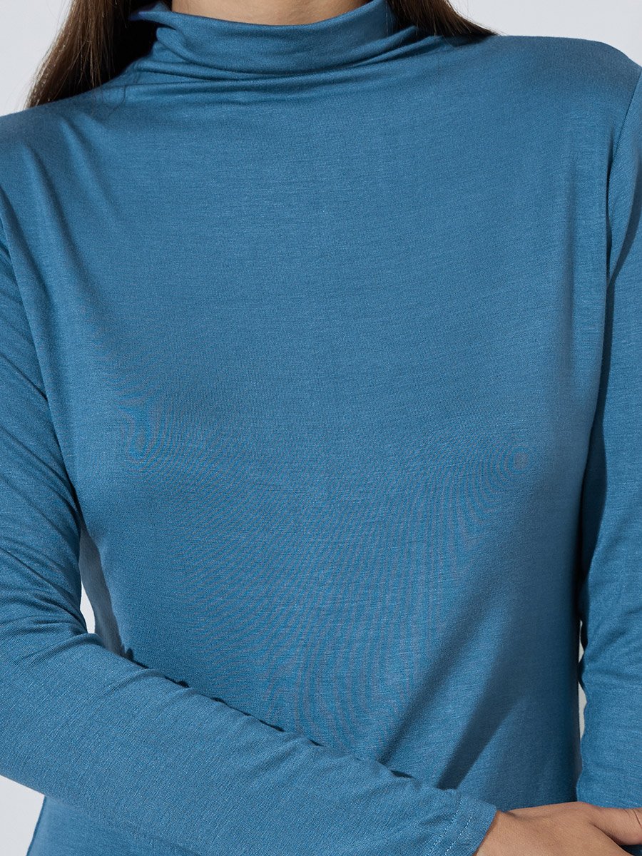 Blue Solid High Neck Knit Top
