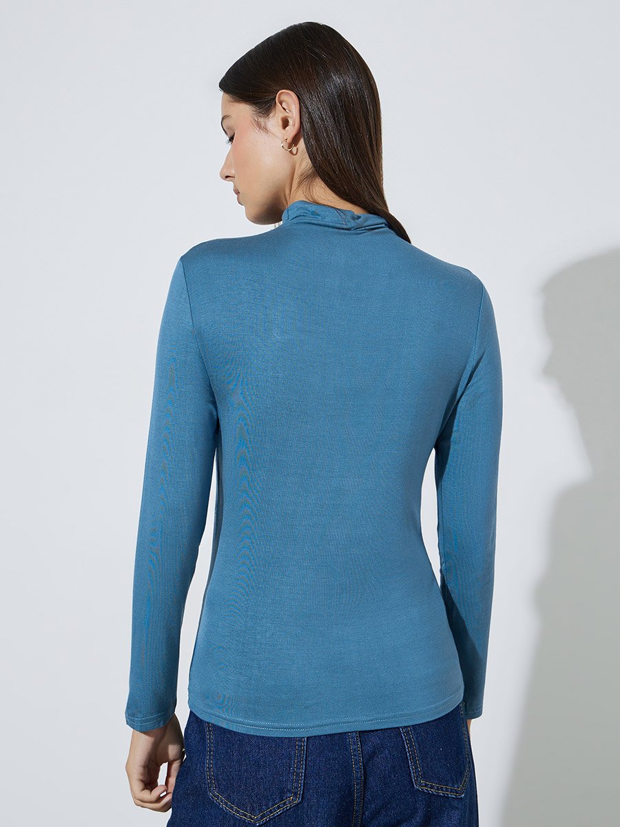 Blue Solid High Neck Knit Top