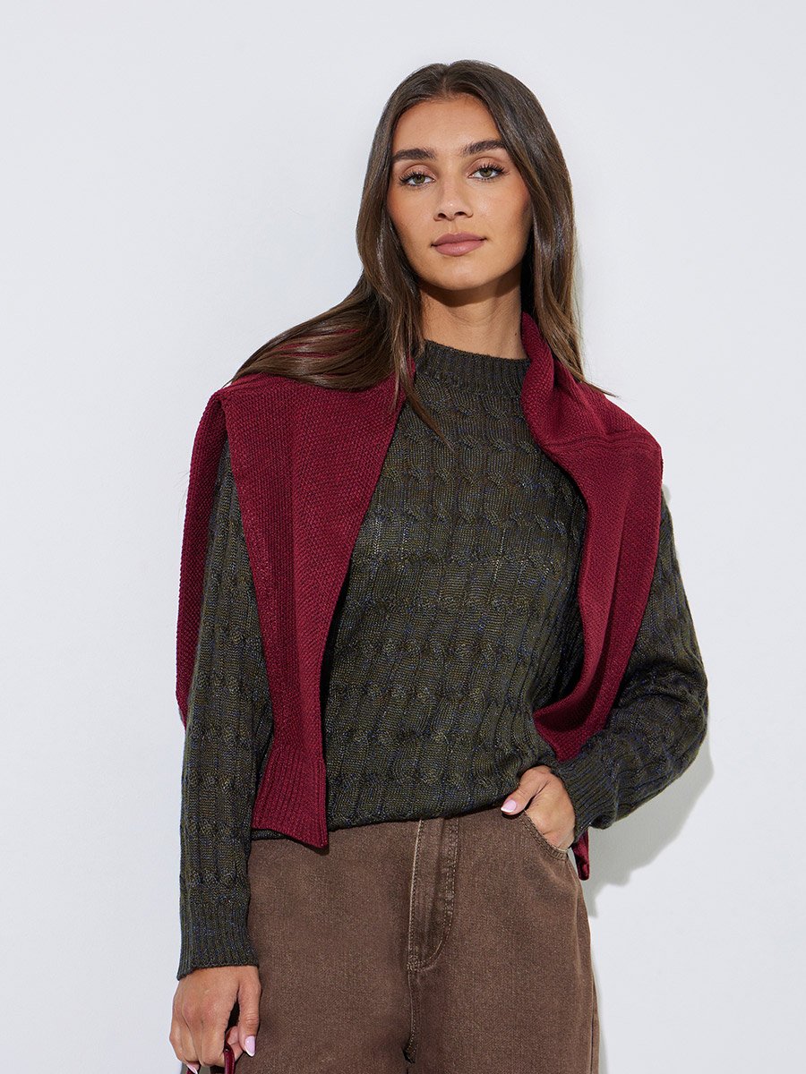 Olive Solid Cable Knit Regular Fit Sweater