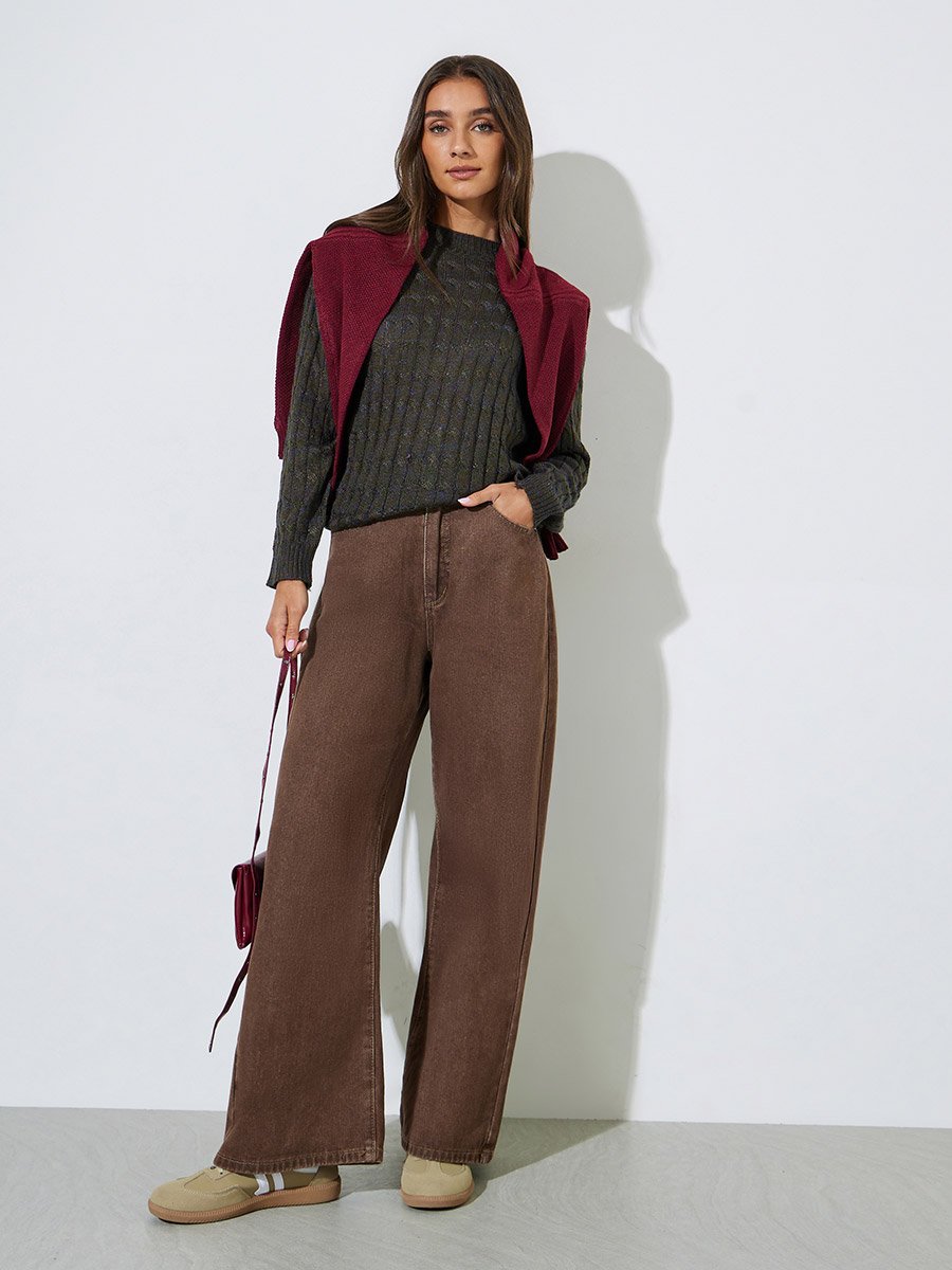 Olive Solid Cable Knit Regular Fit Sweater