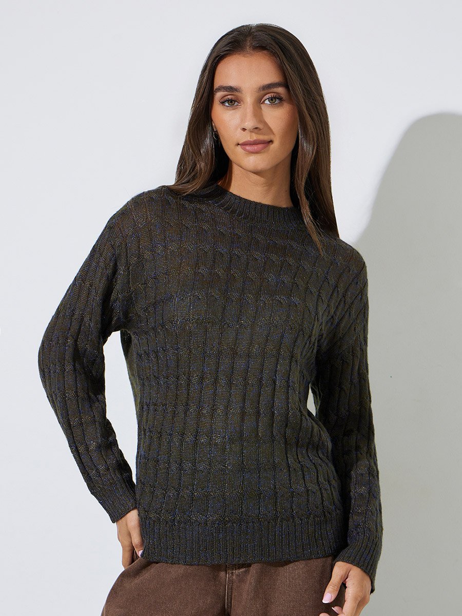 Olive Solid Cable Knit Regular Fit Sweater