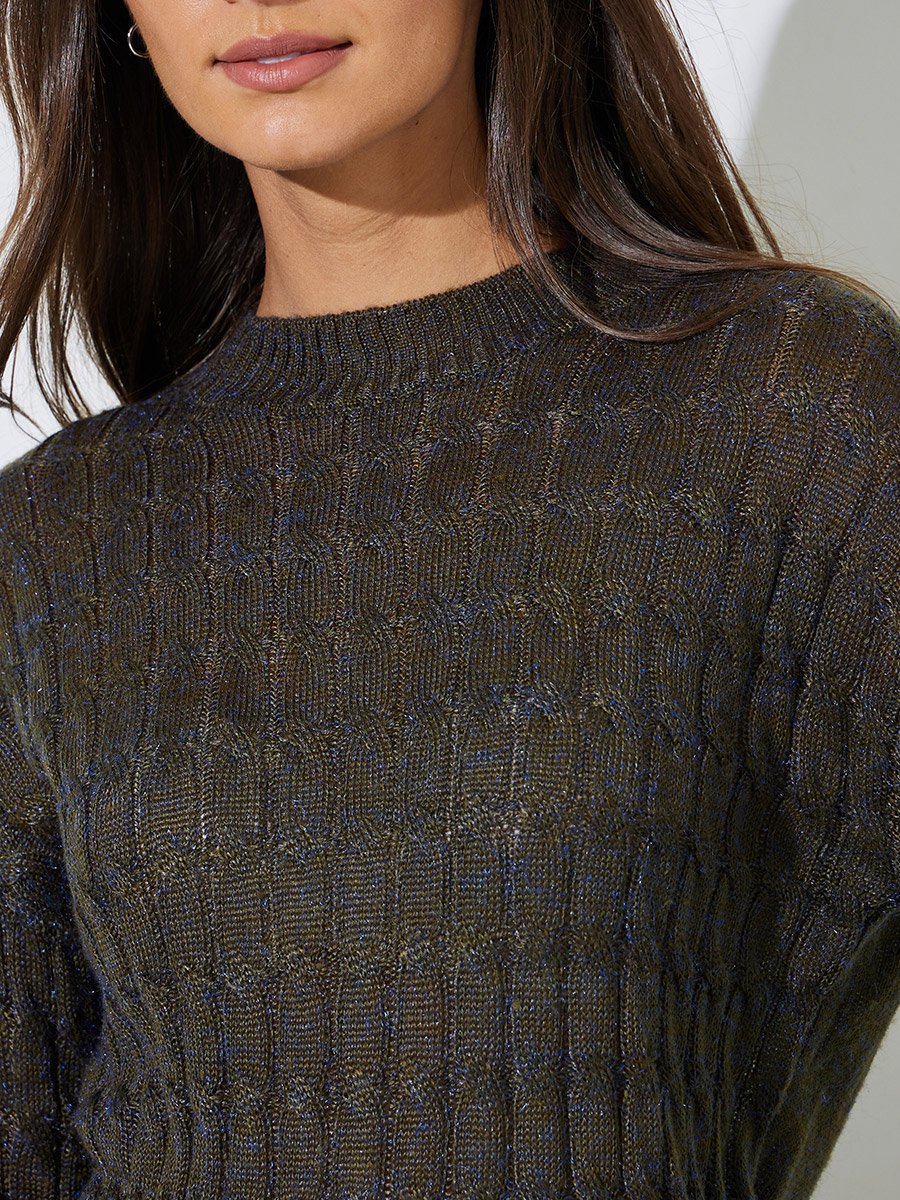 Olive Solid Cable Knit Regular Fit Sweater