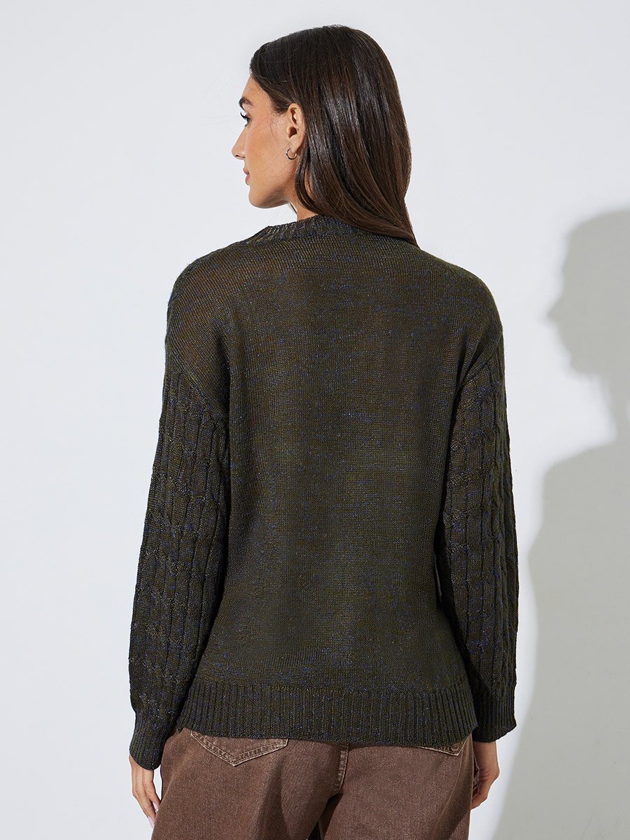 Olive Solid Cable Knit Regular Fit Sweater