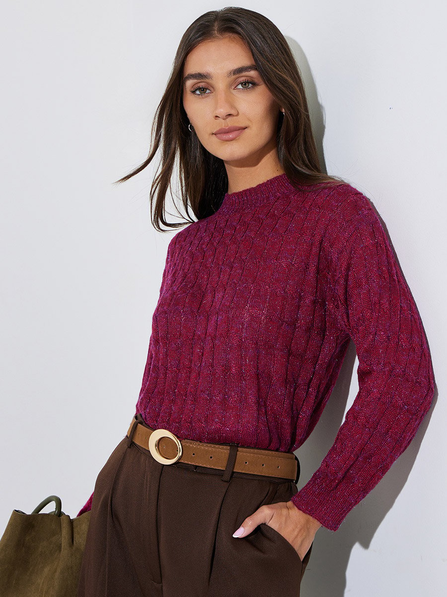 Burgundy Solid Cable Knit Regular Fit Sweater