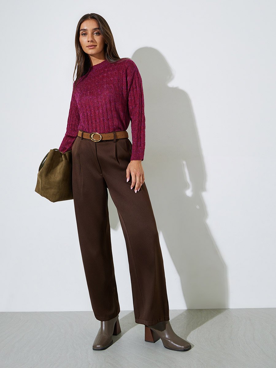 Burgundy Solid Cable Knit Regular Fit Sweater