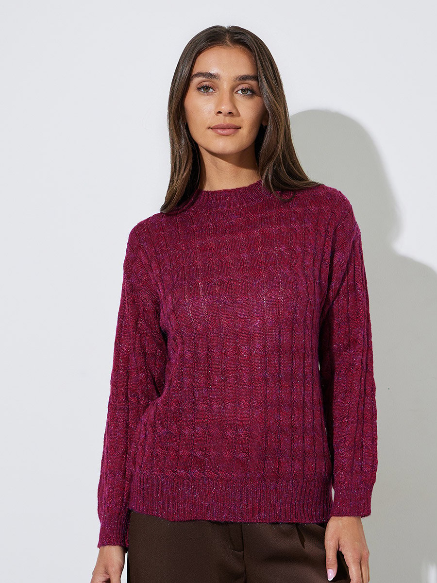 Burgundy Solid Cable Knit Regular Fit Sweater