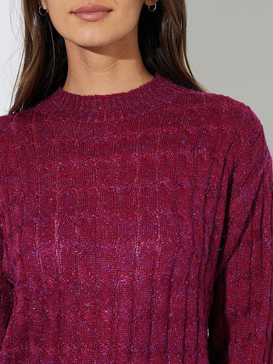 Burgundy Solid Cable Knit Regular Fit Sweater