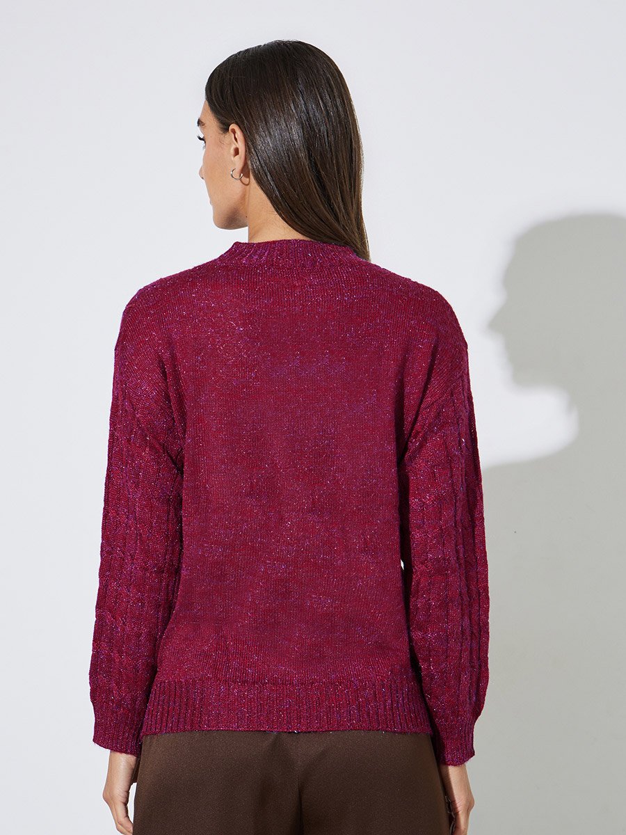 Burgundy Solid Cable Knit Regular Fit Sweater