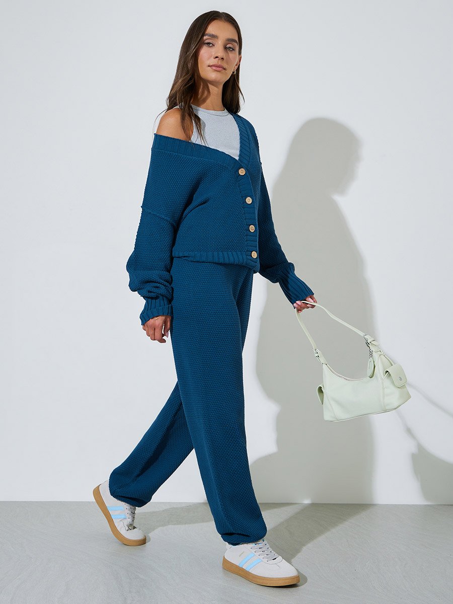 Blue Textured Knit Cardigan and Wide-Leg Trousers Set