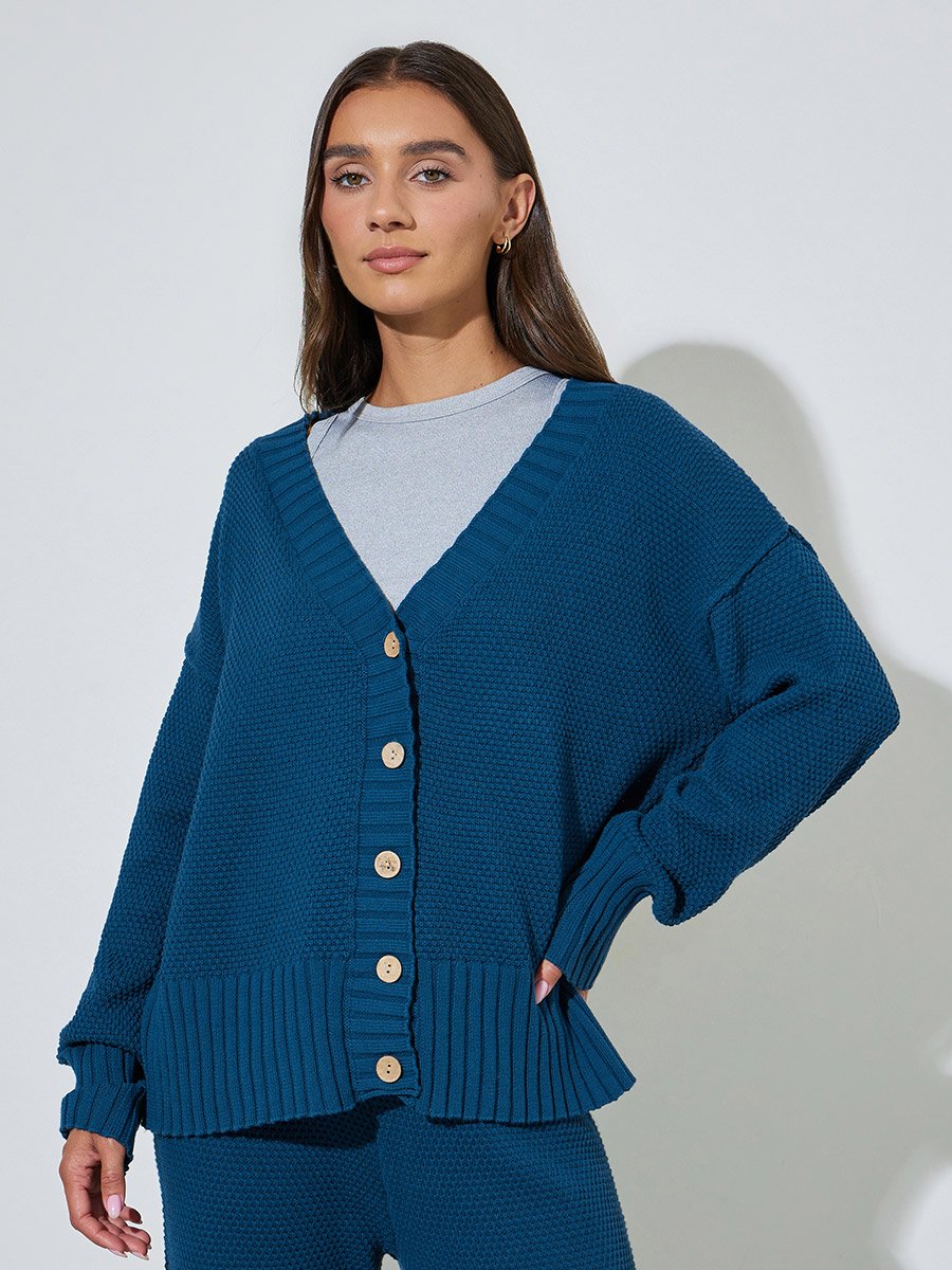 Blue Textured Knit Cardigan and Wide-Leg Trousers Set