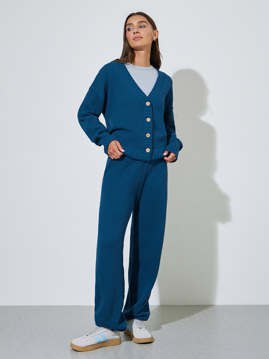 Blue Textured Knit Cardigan and Wide-Leg Trousers Set