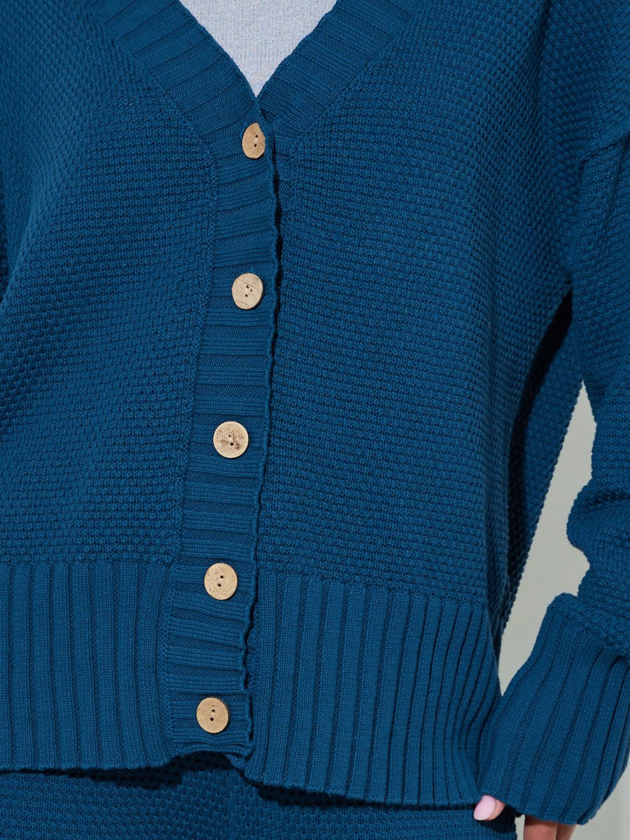 Blue Textured Knit Cardigan and Wide-Leg Trousers Set