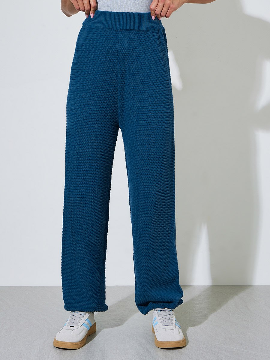 Blue Textured Knit Cardigan and Wide-Leg Trousers Set
