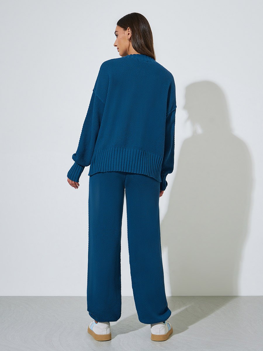 Blue Textured Knit Cardigan and Wide-Leg Trousers Set