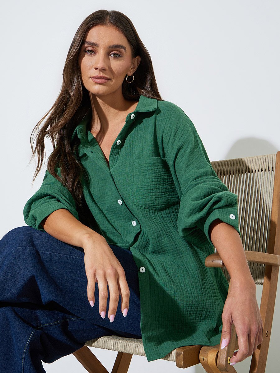 Green Solid Long Sleeves Oversized Shirt
