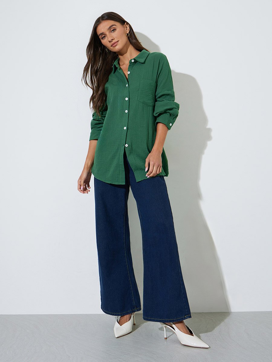 Green Solid Long Sleeves Oversized Shirt