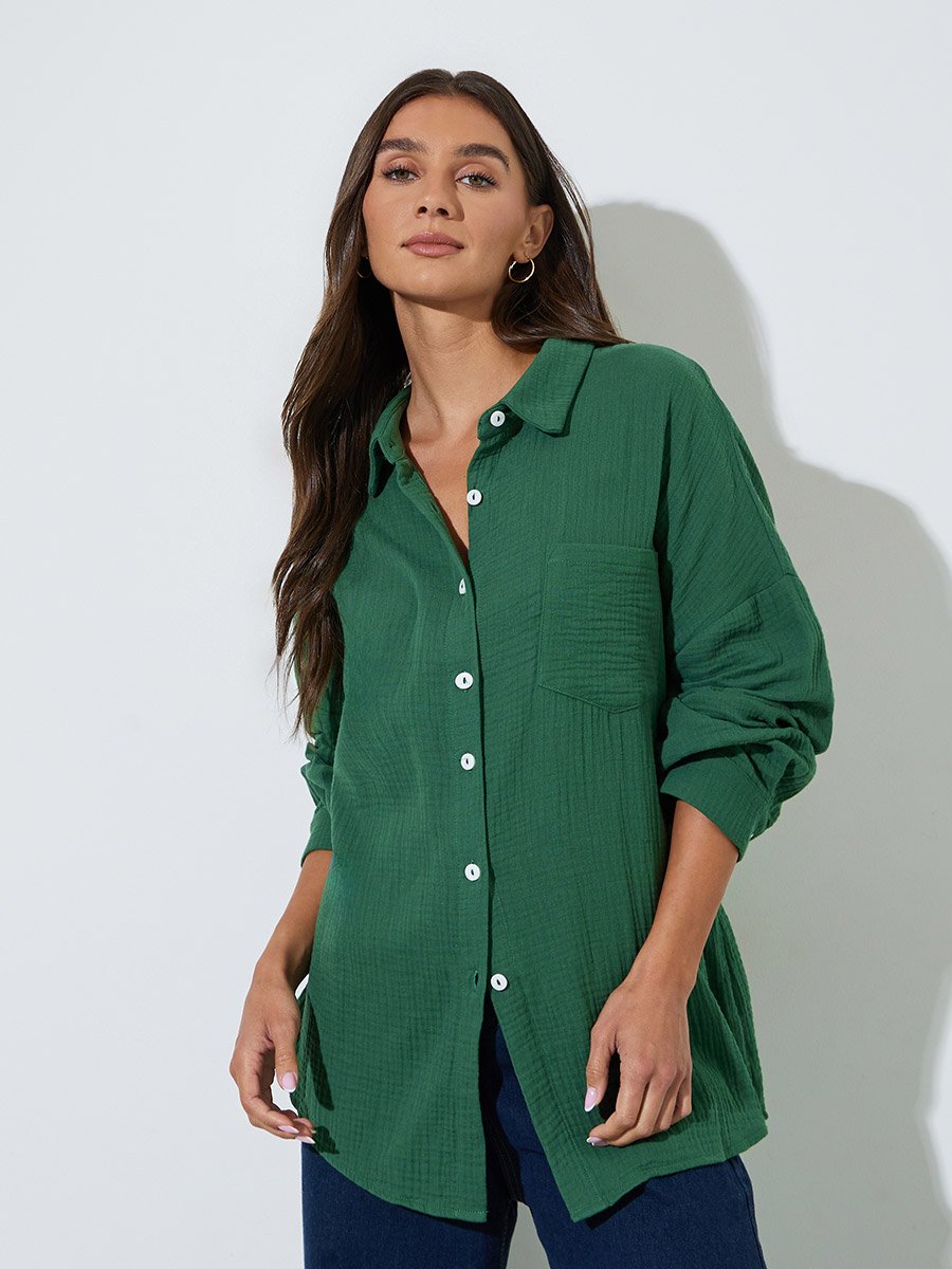 Green Solid Long Sleeves Oversized Shirt