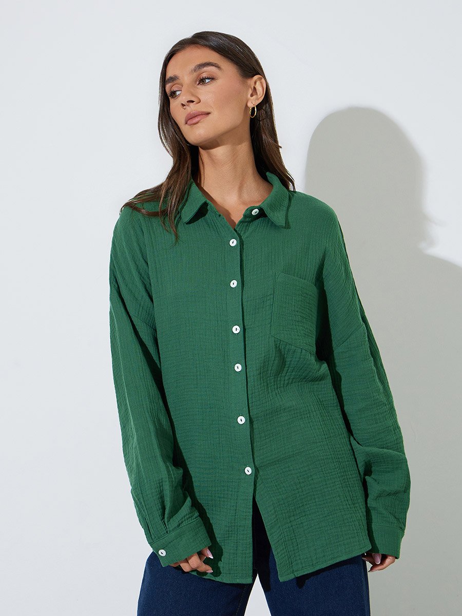 Green Solid Long Sleeves Oversized Shirt