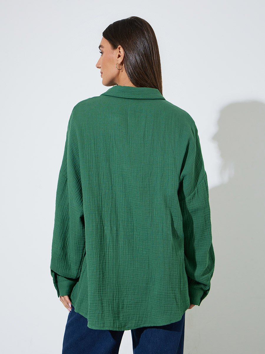 Green Solid Long Sleeves Oversized Shirt