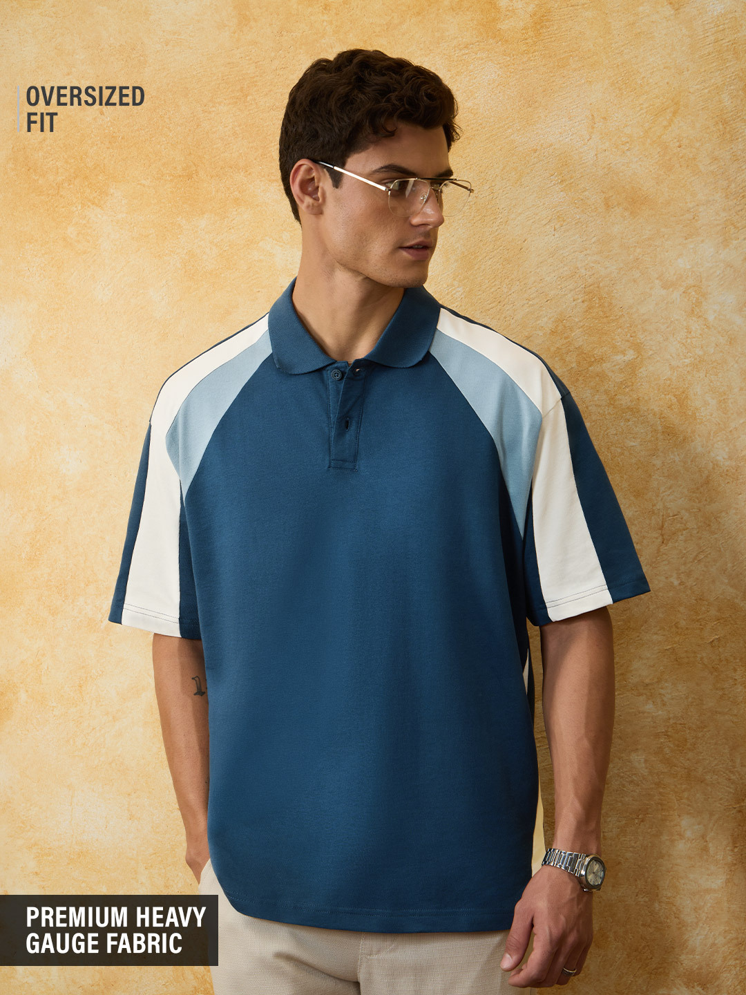 Men Blue Cotton Color Block Oversized Fit Polo T-Shirt