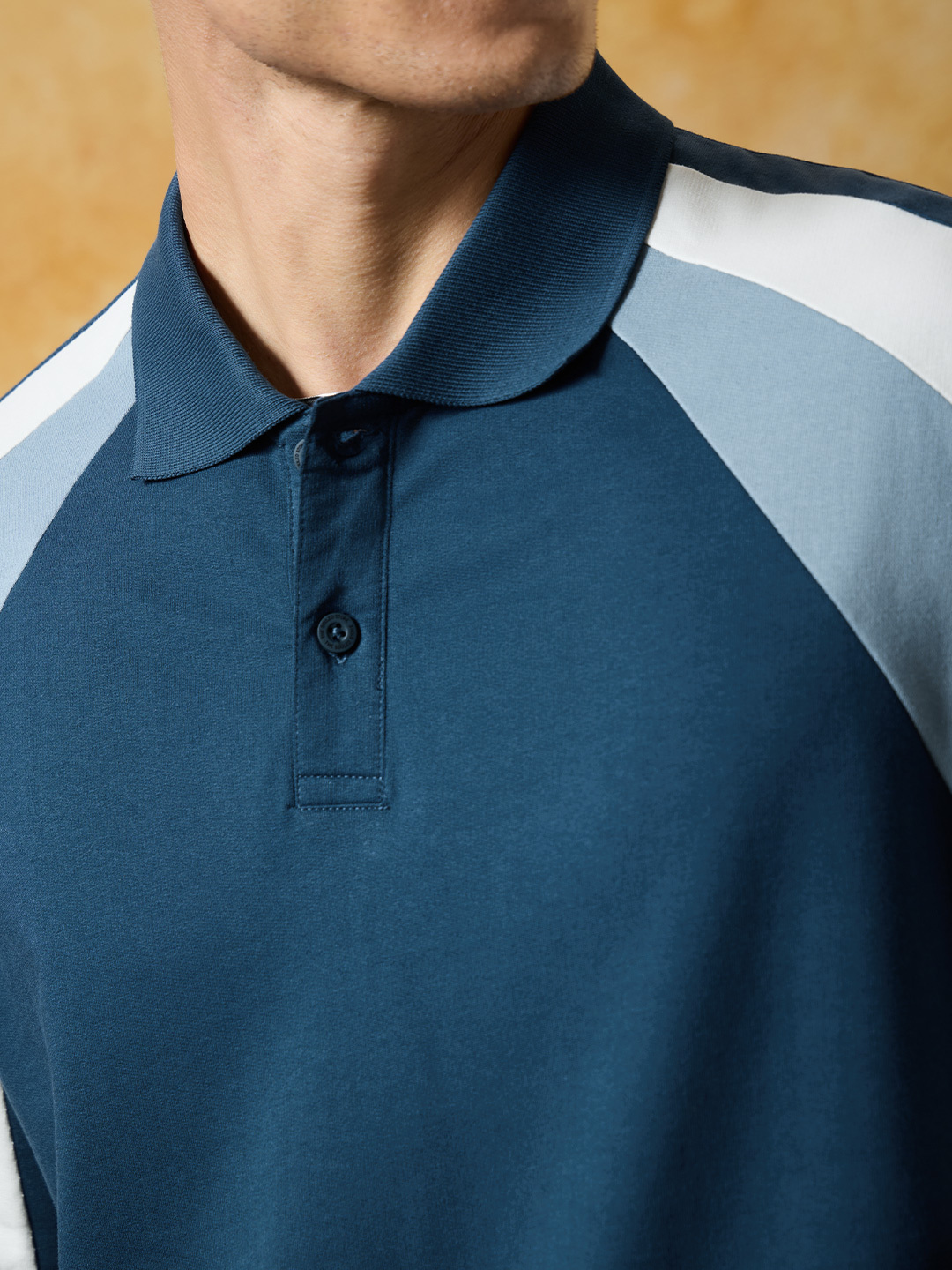 Men Blue Cotton Color Block Oversized Fit Polo T-Shirt