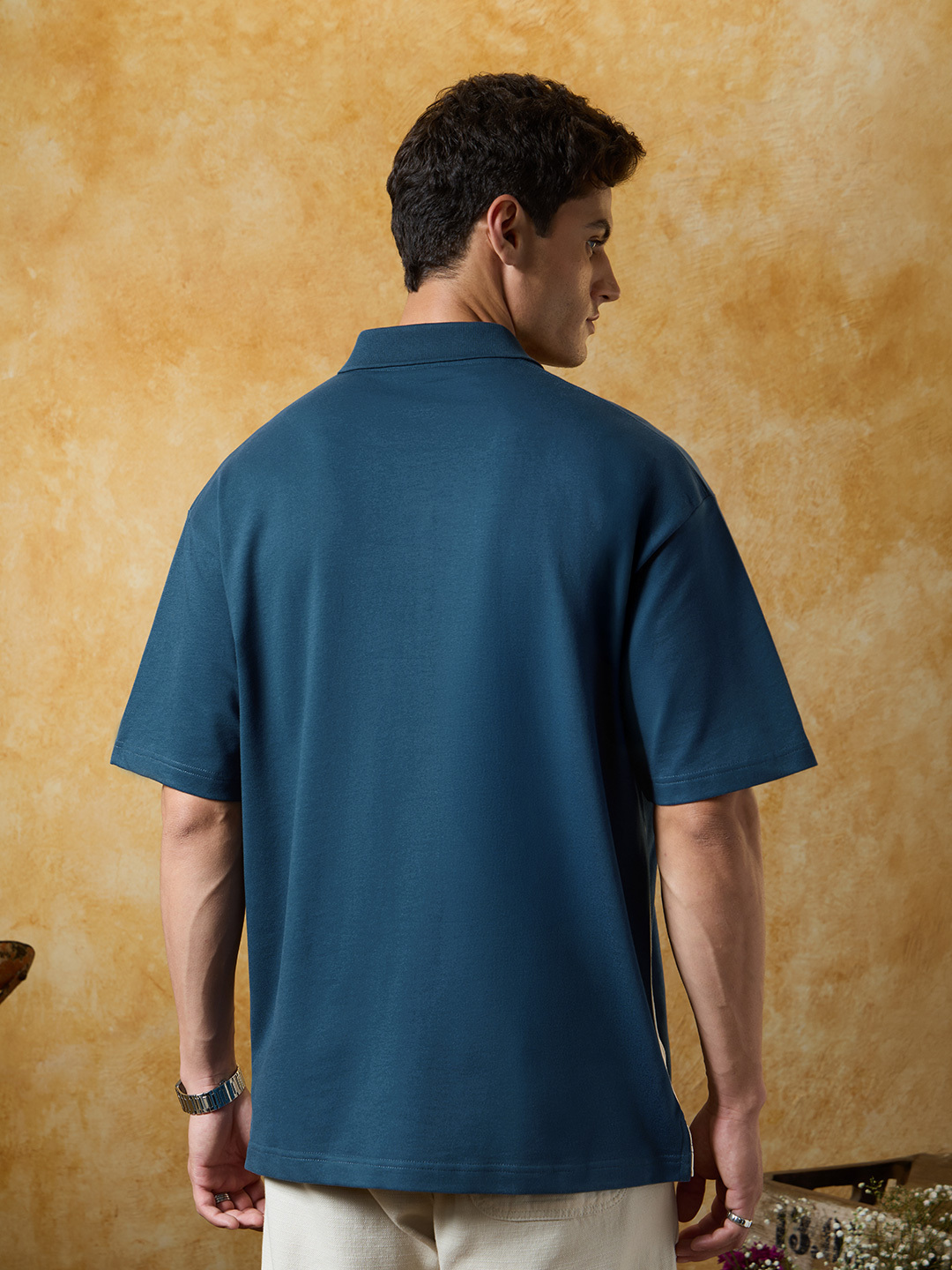 Men Blue Cotton Color Block Oversized Fit Polo T-Shirt