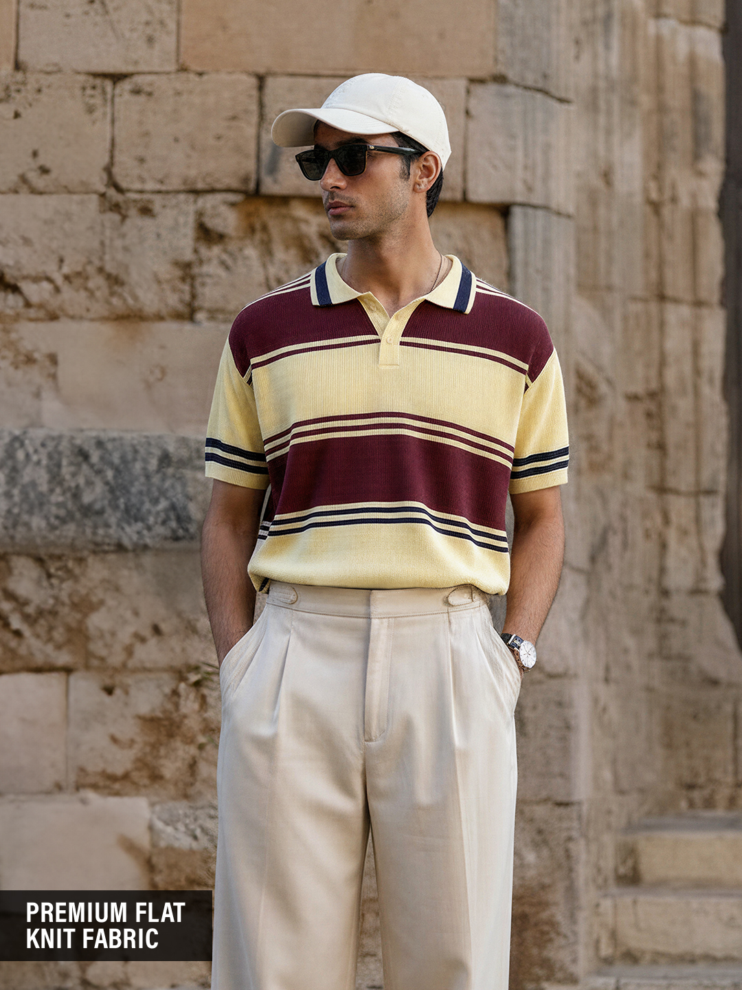 Men Striped Cotton Knit Polo T-Shirt