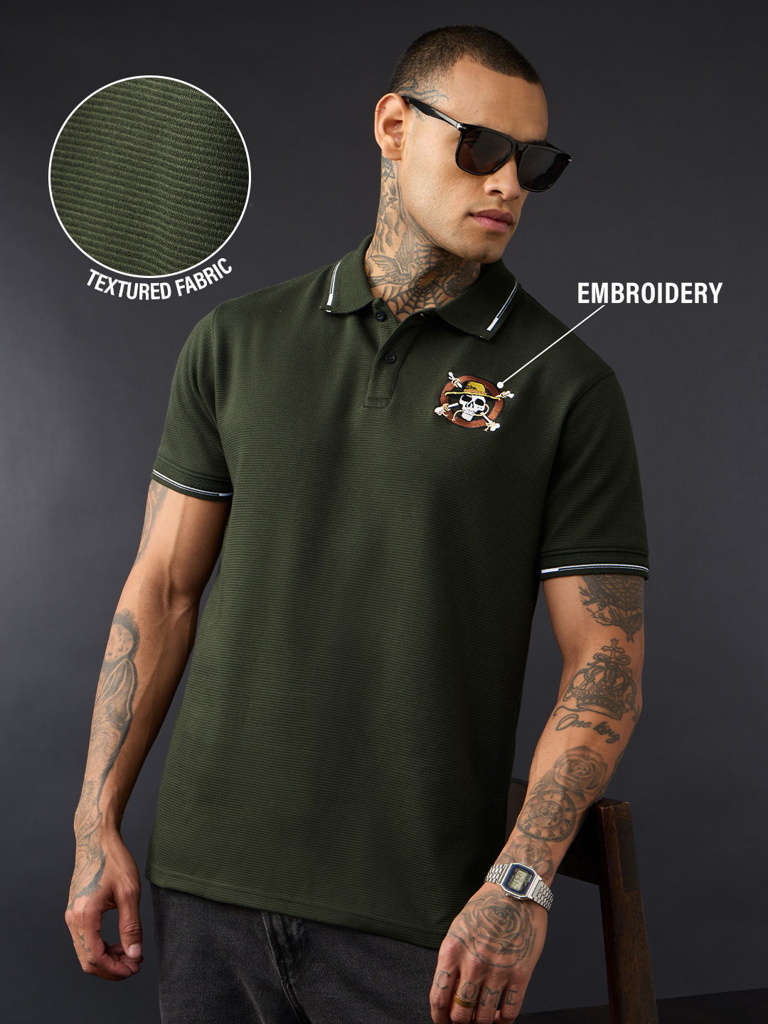 Men Olive Graphic Polo T-Shirt with Pirate Skull Embroidery