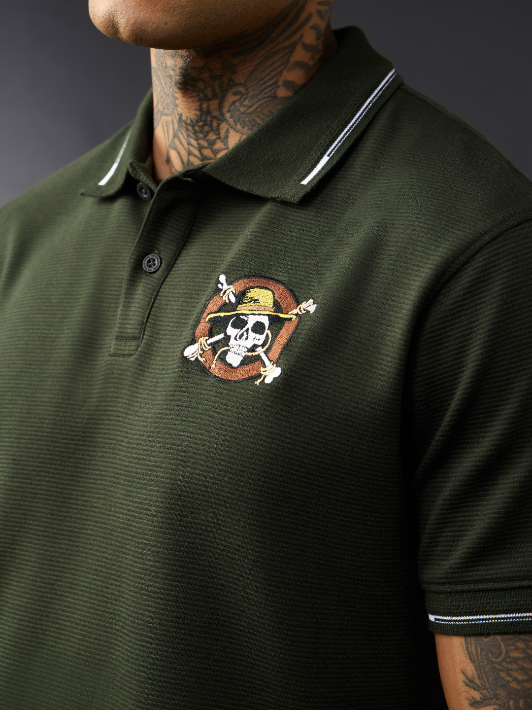 Men Olive Graphic Polo T-Shirt with Pirate Skull Embroidery