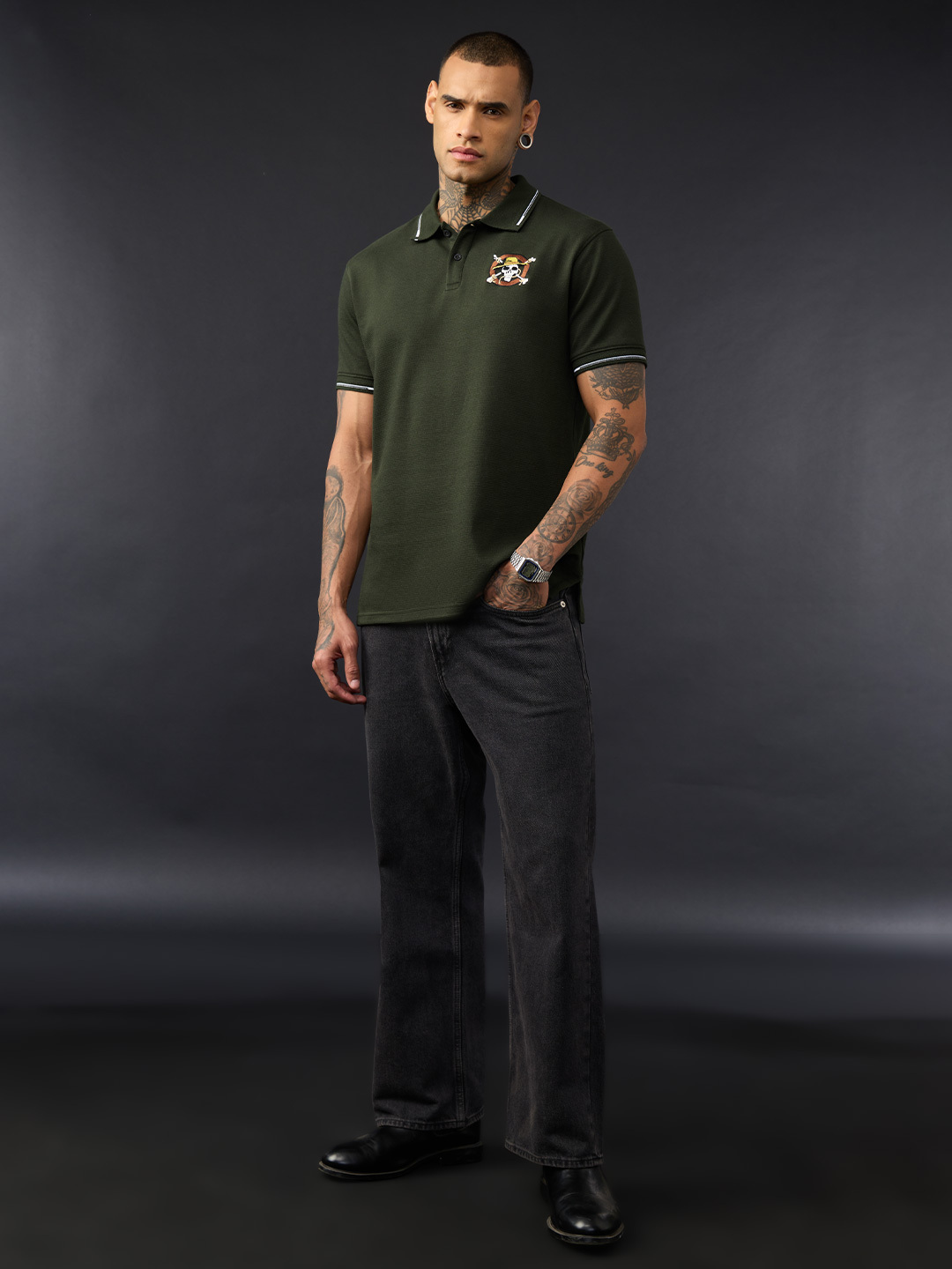 Men Olive Graphic Polo T-Shirt with Pirate Skull Embroidery