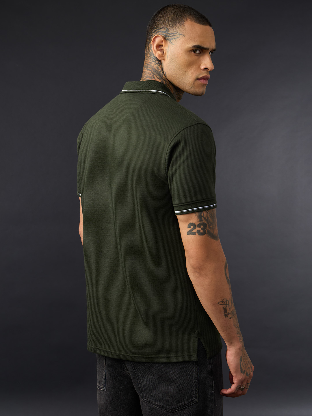Men Olive Graphic Polo T-Shirt with Pirate Skull Embroidery
