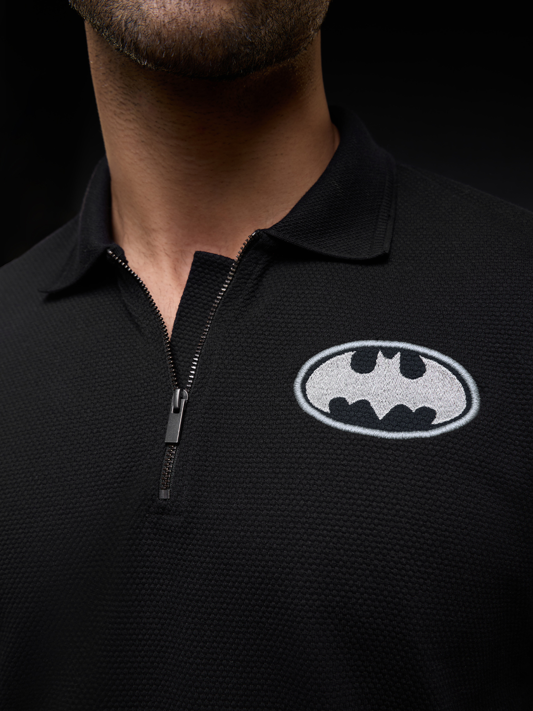 Men Black Embroidered Batman Polo T-Shirt with Zip Closure