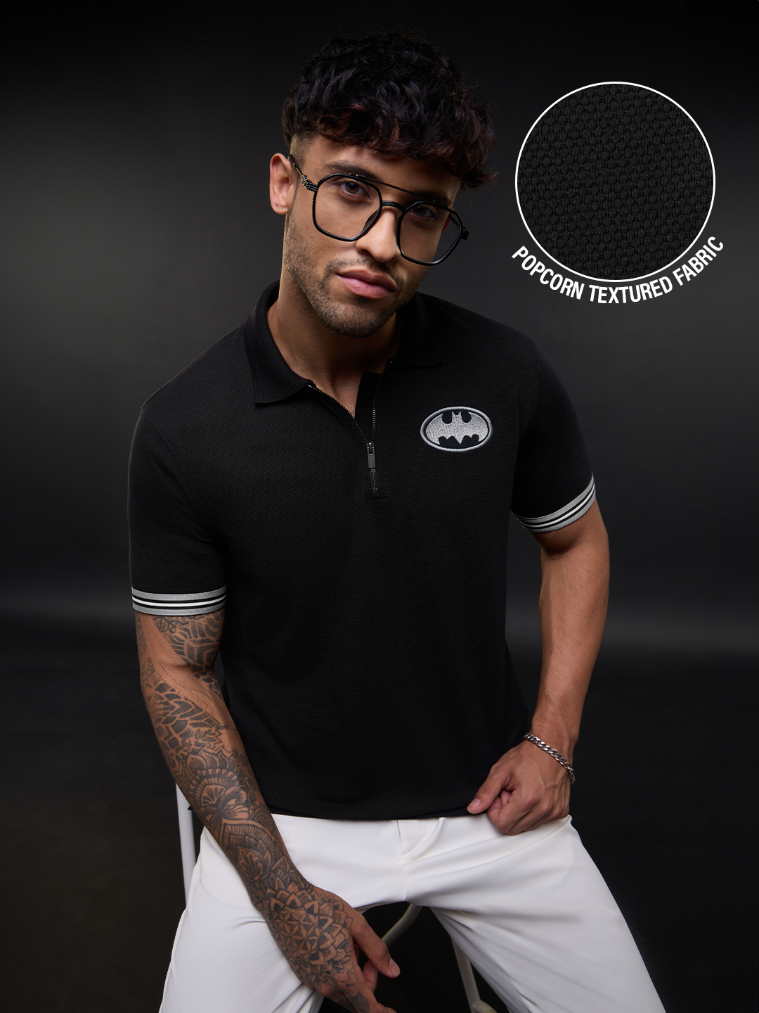 Men Black Embroidered Batman Polo T-Shirt with Zip Closure