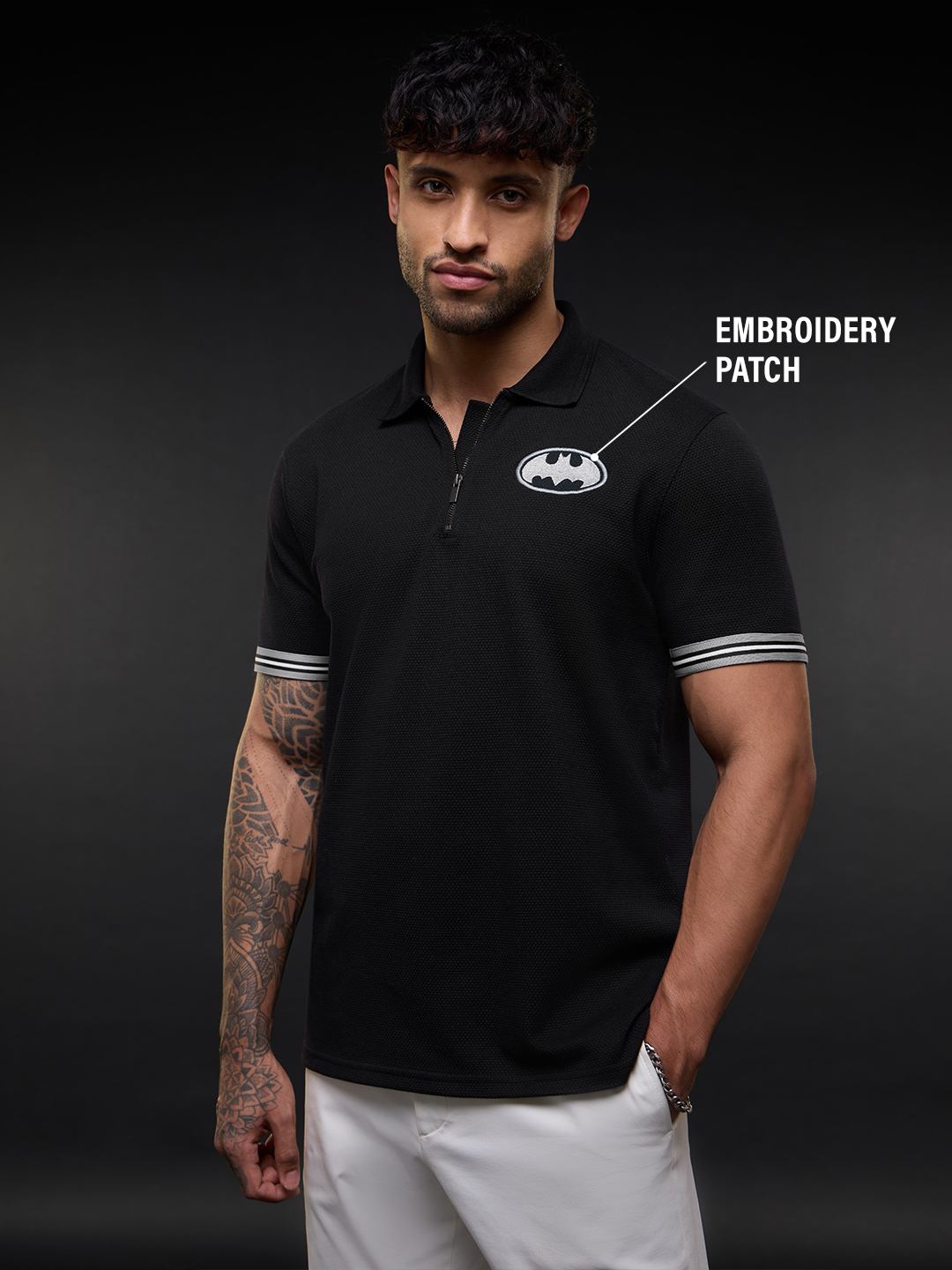 Men Black Embroidered Batman Polo T-Shirt with Zip Closure