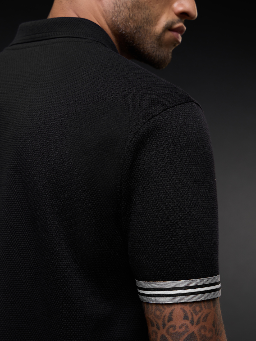 Men Black Embroidered Batman Polo T-Shirt with Zip Closure