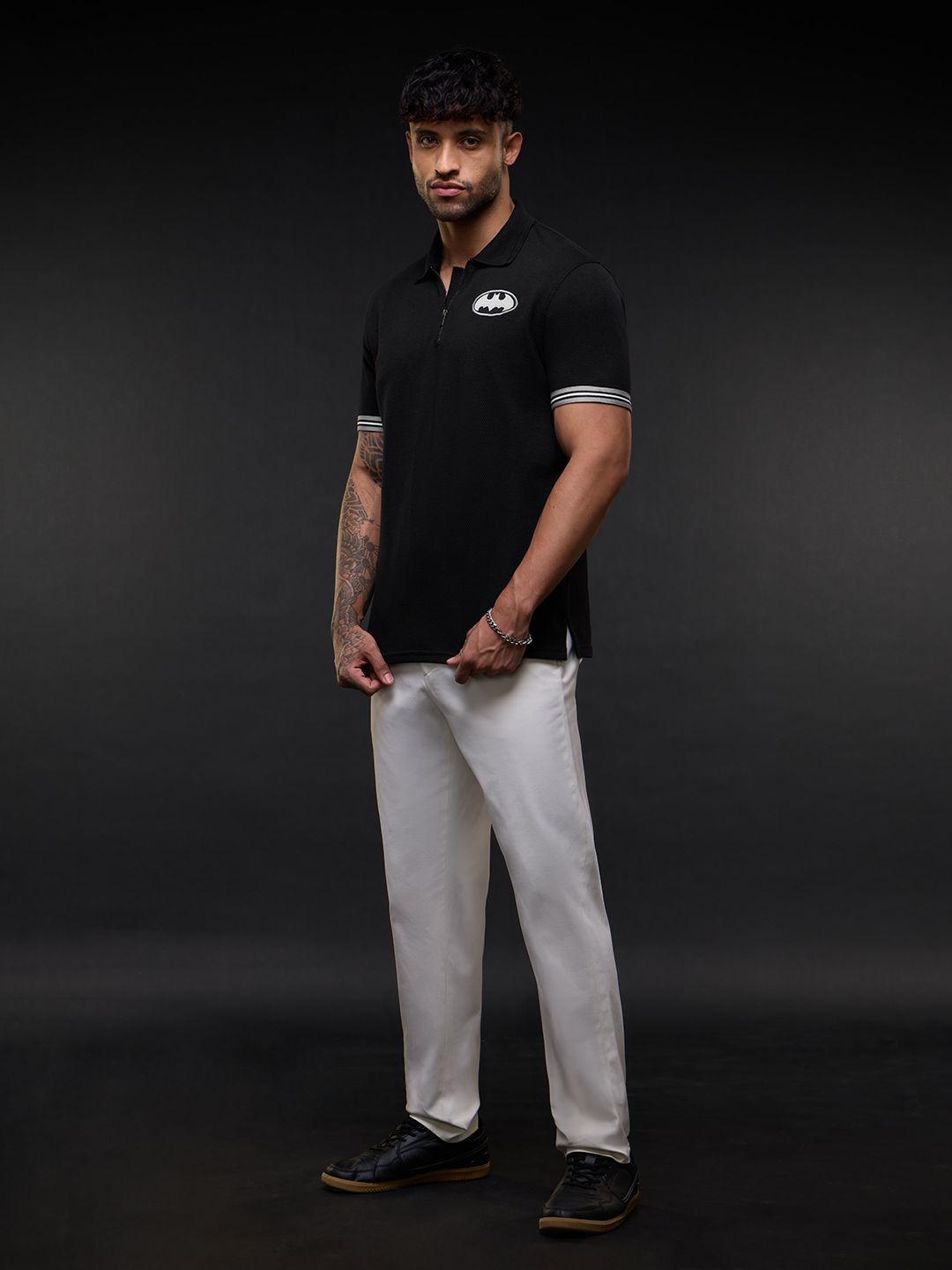Men Black Embroidered Batman Polo T-Shirt with Zip Closure